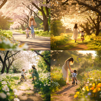 春天，母子俩在公园步道，宝宝学骑平衡车，开心笑容，母子互动温馨，步道两旁鲜花盛开，色彩鲜艳，细节生动。广角镜头，自然光，柔和色调，动态捕捉，亲情，生机勃勃。