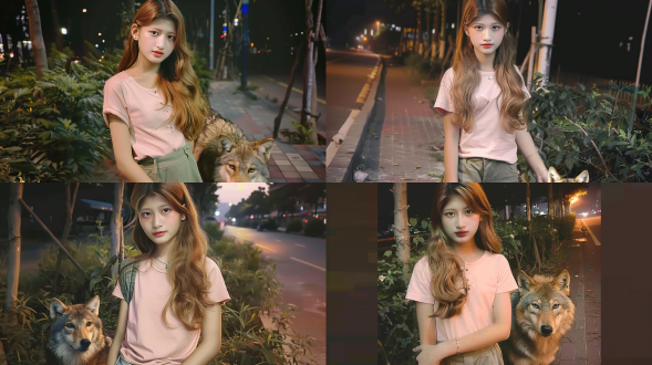 小姑娘与狼同行，森林背景，柔和光线，中景，长焦镜头，自然光，平静表情，棕色长发，绿色连衣裙，狼的警惕眼神，和谐共处，温暖色调，神秘氛围。