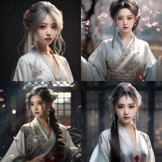 超清渲染真人国风中国少女，银色长发，汉服连衣裙，温柔自信，全身角色，自然色调，远景透视，高亮细节，古装风格，静态放松，高清画质，细腻纹理，柔和光线，唯美氛围，汉服，银发，温柔表情，自信姿态，自然色彩，远景，高细节，古装，静态，高清，细腻纹理，柔和光，唯美。