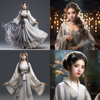 超清渲染真人国风中国少女，银色长发，汉服连衣裙，温柔自信，全身角色，自然色调，远景透视，高亮细节，古装风格，静态放松，高清画质，细腻纹理，柔和光线，唯美氛围，汉服，银发，温柔表情，自信姿态，自然色彩，远景视角，高细节，古装，静态，高清，细腻纹理，柔和光，唯美，国风。