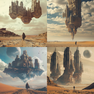 远古时代，行星，沙漠，巨型外星城堡悬浮空中，一个孤独的流浪者，沙漠与天际连接的感觉 神秘感，未来感，长焦镜头，低角度，