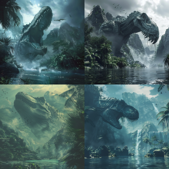 远古侏罗纪，神秘水域，深水，神秘高山，猎奇动物，空中若隐若现的巨型飞行怪物，逼真巨型怪物，热带植物，肃杀，恐怖，危险，变异，低角度镜头，广角镜头，诡异，窒息，压迫感