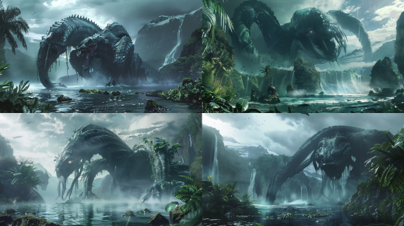 神秘水域，神秘高山，单个神秘外星动物，空中若隐若现的巨型飞行怪物，逼真全身，邪恶的眼睛，头部有变异触须触角，正视，对视，放大，热带植物，肃杀，恐怖，危险，变异，低角度镜头，广角镜头，诡异，窒息，压迫感，天空乌云密布，暴风雨即将来临，c4d 建模，高细节