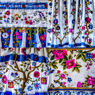 刺绣图案，刺绣背景是浅亚麻色布