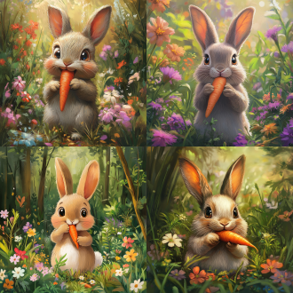 兔子在森林吃胡萝卜周围有花，居中构图，大眼睛微笑，清新色彩，8k，晨光，柔和阴影，温馨，细腻笔触，可爱。