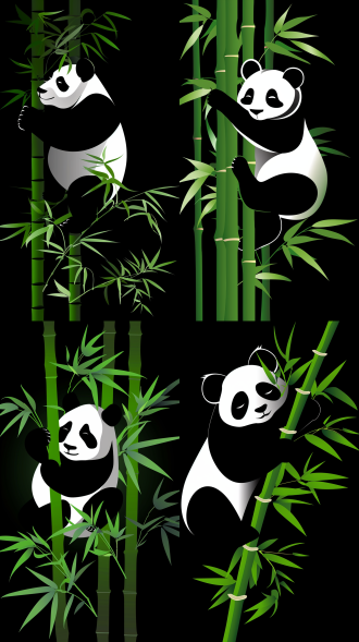 大熊猫爬竹子，可爱风格，插画，高分辨率，竹林背景，柔和光线，广角镜头，绿色调，轻松表情，动态姿势，卡通化，细节丰富，自然环境，明亮色彩，温馨氛围，动态捕捉，生动表现。