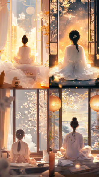 金色菩萨，长焦镜头，流金画面，白色烟雾环绕，8k画质，明暗对比，卡通插画，夏日之夜，女孩背影，卧室，电脑，猫咪床上，大落地窗，简约，阳台，浅粉色窗帘，舒适，净化，书，清新，柔和光线，简约风格，室内场景，自然光，静态，放松，浅色调，宁静。卧室广角镜头，面积大，平视，浅粉色，简约家具，柔和光影，自然光照，舒适氛围，静态画面，放松心情。房间空间大