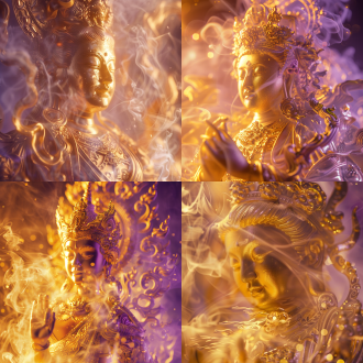 金色菩萨，长焦镜头，流金画面，金色烟雾环绕，细节刻画生动，8k画质，菩萨细节深入，明暗对比明确，慈祥微笑，紫色光，高分辨率，神圣氛围，柔和光线，宁静表情，金色服饰，庄严姿态。