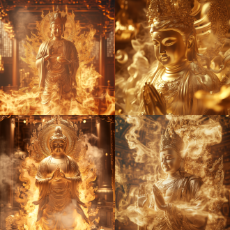 金色菩萨，长焦镜头，远景，大殿，流金画面，金色烟雾环绕，细节刻画生动，8k画质，菩萨细节刻画深入，明暗对比明确，慈祥，微笑，高光溢出，暖色调，神圣氛围，光影交错，庄严。