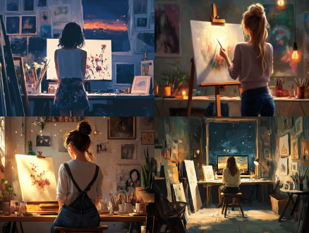夜晚照明氛围，美式背景简约画室，白色墙面，白人美国女孩，桌面上艺术绘画创作直播，大桌面，少量绘画作品，高清，背景和前景层次分明，背景变暗，镜头俯视视角45°，温馨氛围，自然光，高分辨率，色彩鲜艳，创作乐趣，简约风格，艺术创作，直播场景，层次分明，俯视视角，温馨光影，高清晰度，鲜艳色彩，创作乐趣。