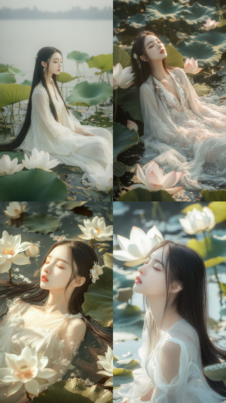 西湖湖面，科幻荷叶荷花，梦幻美学，中国女性侧脸，绝世美女，真实感，咖啡色长直发，仙气，服装湖水融合，空灵感，白色调，广角视角，侧躺荷叶，湖面平静，柔和光线，超现实，未来感，自然与科技融合。
