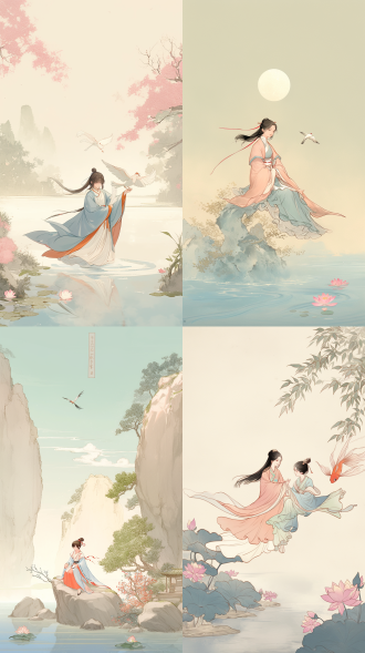 光芒海底升起，精卫灵魂化鸟，五彩羽毛，宽阔海面，宫廷风格，自然光，广角加长角镜头，古代风格，神秘，宁静，希望。