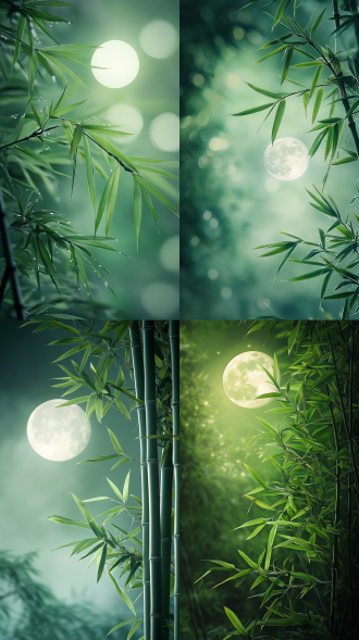 茂盛的竹子，月亮，明亮的背景，垂直构图，自然风光，长焦镜头，月光照明，柔和光线，宁静，绿色和银色。