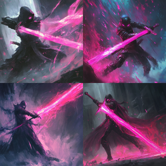 手握巨剑横劈，残影瞬身，粉色剑光，身体摇摆，战斗姿态，眼睛发光，动态模糊，战斗场景，紧张氛围，力量感，神秘色彩。