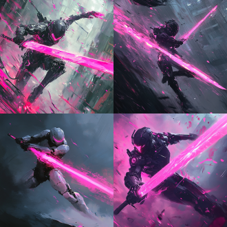 手握巨剑横劈，残影瞬身，粉色剑光，身体摇摆，战斗姿态，眼睛发光，动态模糊，战斗场景，紧张氛围，力量感，神秘色彩。机甲