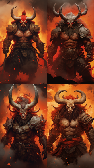 牛魔王，神话风格，肌肉发达，愤怒表情，火焰背景，宽肩铠甲，长角头饰，手持巨斧，仰视角度，高光阴影，动态姿势，史诗氛围，暗红色调，力量感。