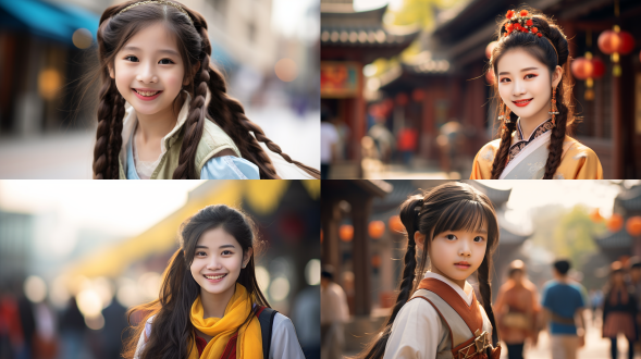 中国古装少女俏皮回眸得意笑，明眸皓齿，街上人头攒动背景虚化，中心构图，漫画风格，长焦镜头，自然光，欢快，暖色调。