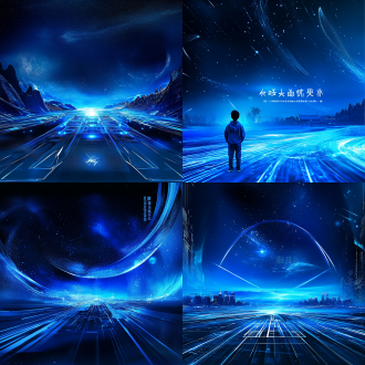 星球发布会，宇宙空间，辐射放射线地面，蓝色柔和色调，科技感，广角镜头，低角度拍摄，柔和侧光，未来感，宁静。