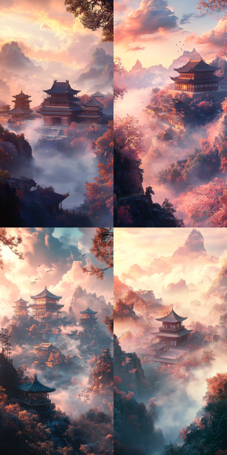 3d渲染宋式宫殿，祥云环绕，淡雅色彩，极简风格，点彩技法，高斯模糊背景，动态模糊效果，陈家泠艺术风格，大面积留白，炫彩光影，内发光特效，静谧氛围，3d建模，柔和光线，低饱和度，极简构图，点彩细节，高斯模糊，动态模糊，艺术风格，留白空间，炫彩光影，内发光，静谧感。