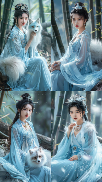 <lora:fox:0.7>,fox,1girl,jewelry,dress,long hair,earrings,black hair,hair bun,blue dress,sitting,realistic,, best quality, masterpiece, ultra high res, (photorealistic:1.4), 汉服 竹子 森林 正视 全景 浅蓝 明亮的 oc渲染器 电影风格