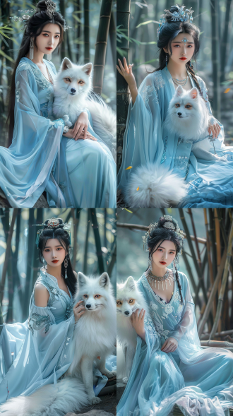 <lora:fox:0.7>,fox,1girl,jewelry,dress,long hair,earrings,black hair,hair bun,blue dress,sitting,realistic,, best quality, masterpiece, ultra high res, (photorealistic:1.4), 汉服 竹子 森林 正视 全景 浅蓝 明亮的 oc渲染器 电影风格