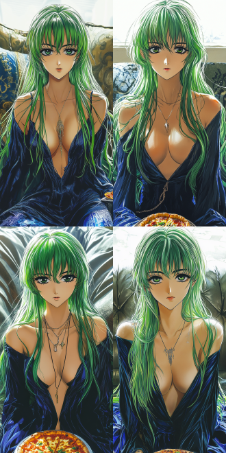 c.c.坐在豪华沙发上，优雅地品尝披萨，绿色长发披肩，眼神深邃而神秘，穿着黑色哥特式长裙，背景是昏暗的贵族客厅。广角镜头，高对比度，暗色调，侧光，静态，神秘，优雅。