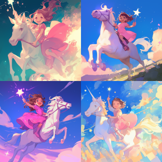 小女孩骑白马，粉色裙子，魔法杖，漫画风格，梦幻场景，柔和光线，广角镜头，动态姿势，童话色彩，快乐表情。