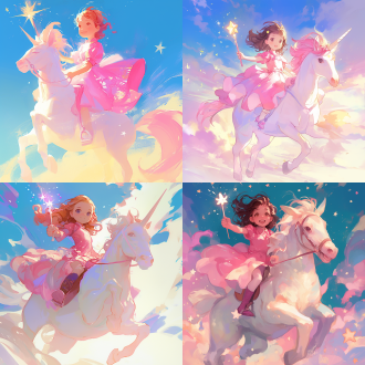 小女孩骑白马，粉色裙子，魔法杖，漫画风格，侧面全身，广角镜头，中间光源，梦幻场景，柔和光线，动态姿势，童话色彩，喜悦表情。