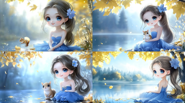 秋日森林，金黄落叶，宁静湖面，晨雾缭绕，松鼠跳跃，柔和光线，广角镜头，自然环境，温暖色调，平静情感。