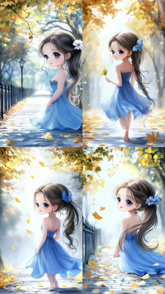 秋叶飘落，宁静公园，金黄色调，长焦镜头，柔和光线，慢速快门，落叶，宁静，温暖。