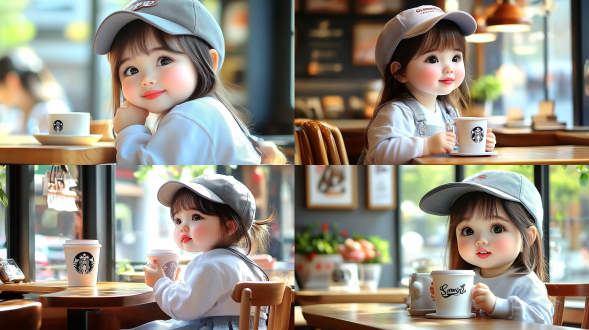 星巴克内景，温馨舒适，木质桌椅，柔和灯光，顾客手持咖啡，微笑满足，自然光，中焦镜头，浅景深，暖色调，放松愉悦。