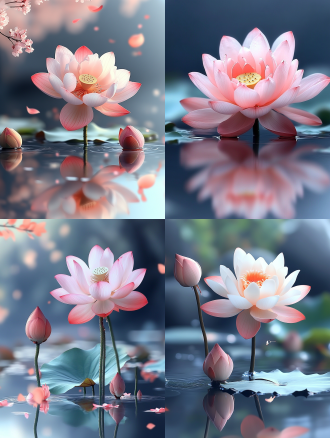 荷花盛开，水面倒影，对称构图，自然风光，微距镜头，柔和光线，清晨，静谧，自然色彩，生机勃勃。