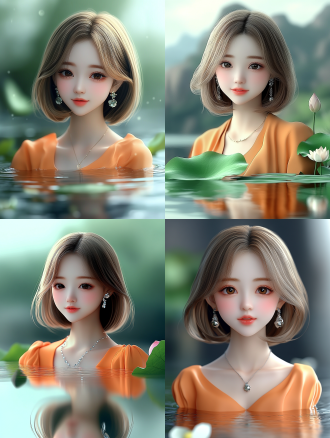 荷花盛开，湖面倒影，柔和光线，水边，淡雅色调，长焦镜头，逆光，静谧，优雅，清新。