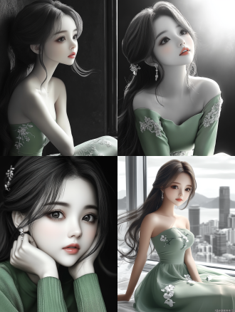 闭眼陶醉美女，柔和光线，室内环境，中焦镜头，自然光，慢快门，优雅姿态，淡雅色彩，宁静表情。 黑白