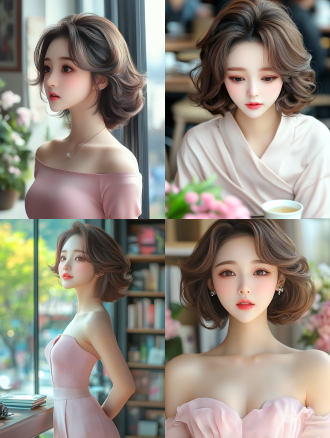 美女在茶桌旁，窗外养心风景，书架环绕，室内温馨，柔和光线，中景镜头，自然光，静谧，温暖色调，沉思表情。 全身 极限特写 办公室