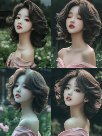 陶醉女子，闭眼微笑，长发飘逸，白色长裙，花园背景，柔和光线，中焦镜头，自然光，慢快门，宁静，温馨，淡雅色彩。