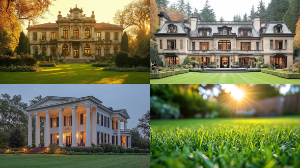 风景庄园，宁静治愈，宽阔草坪，古典庄园建筑，柔和光线，远景，长焦镜头，自然光，慢快门，平和，绿色调，放松。