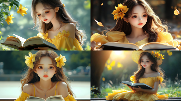 公园阅读，自然光线，柔和色调，长椅上，静谧环境，中焦镜头，正面光，专注表情，书本，绿植背景，宁静。