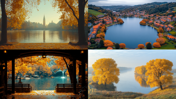 秋日公园，金色落叶铺满小径，远处湖面波光粼粼，树木色彩斑斓，天空湛蓝。构图中央对焦点，广角镜头，自然光，柔和色调，宁静氛围，温馨情感。低空航拍