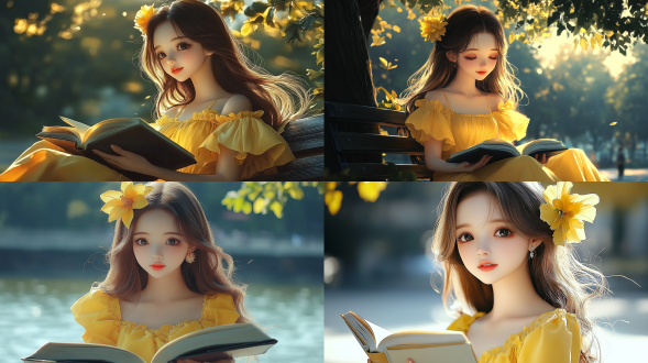 公园阅读，自然光线，柔和色调，长椅上，静谧环境，中焦镜头，正面光，专注表情，书本，绿植背景，宁静。