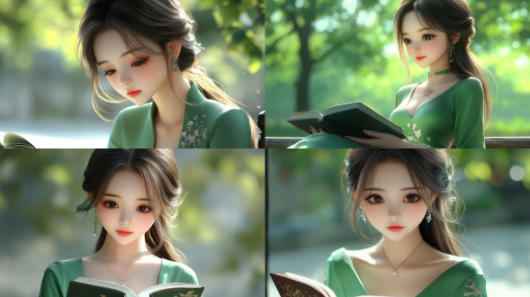 公园阅读，自然光线，柔和色调，长椅上，静谧环境，中焦镜头，正面光，专注表情，书本，绿植背景，宁静。