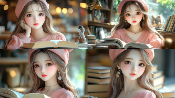 咖啡厅内，柔和光线，木质桌椅，书籍堆叠，女性读者，专注表情，长发披肩，休闲装，室内环境，自然光，中焦镜头，静态，温馨氛围，棕色调。