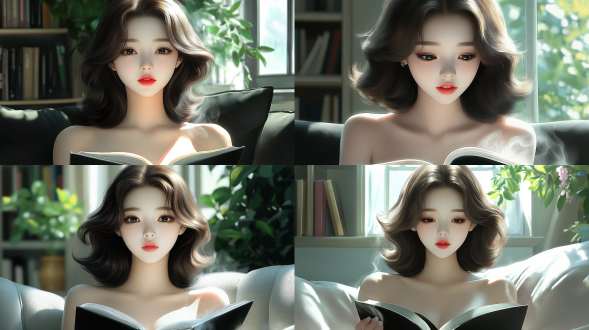 星巴克咖啡厅内，柔和灯光下，一位年轻女子坐在舒适的沙发上，专注地阅读一本书。她的表情宁静，手中握着一杯冒着热气的咖啡。背景是书架和绿植，营造出温馨的阅读氛围。高雅的室内设计，细节精致，色彩温暖和谐。中长焦镜头，自然光，静态，专注，舒适，温馨。