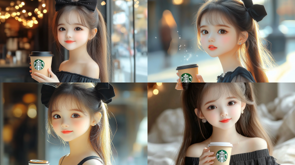 女孩手持星巴克咖啡，微笑，自然光，室内温馨环境，中景，浅色调，柔和光线，愉悦表情，时尚休闲装扮，咖啡香气。