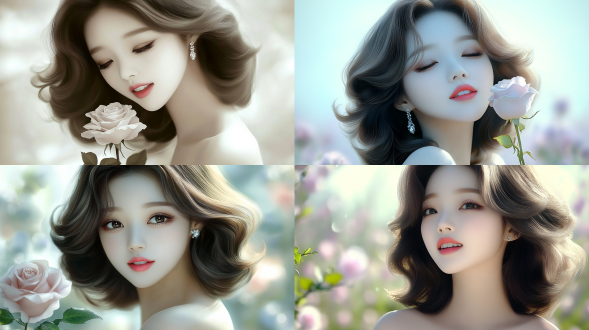 手持玫瑰，特写镜头，柔焦效果，花园背景，暖色调，自然光，微笑，浪漫，优雅。 黑白