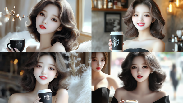 咖啡厅，女孩手持星巴克咖啡，微笑，自然光，室内温馨环境，全景，浅色调，柔和光线，愉悦表情，时尚休闲装扮，咖啡香气。