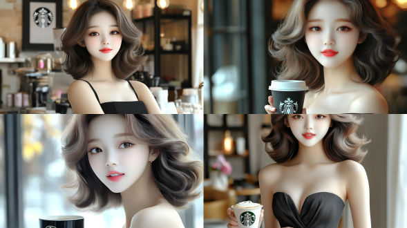 咖啡厅，女孩手持星巴克咖啡，微笑，自然光，室内温馨环境，全景，浅色调，柔和光线，愉悦表情，时尚休闲装扮，咖啡香气。 半身 极限特写