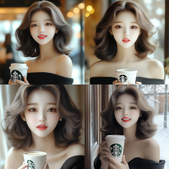 咖啡厅，女孩手持星巴克咖啡，微笑，自然光，室内温馨环境，全景，浅色调，柔和光线，愉悦表情，时尚休闲装扮，咖啡香气。 半身 极限特写