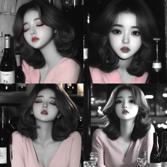 女孩喝酒，旁边有酒瓶，陶醉，悲伤，半身像，昏暗灯光，室内，暖色调，长焦镜头，柔和光线，沉思，忧郁。 黑白 极限特写 半身