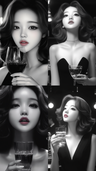 美女夜晚独酌，侧脸轮廓，眼含泪光，酒杯轻摇，昏暗酒吧，忧郁氛围，长焦镜头，柔光，慢快门，静谧，深蓝调，哀伤。黑白特写 360度全景 全景 主观视角 黑白